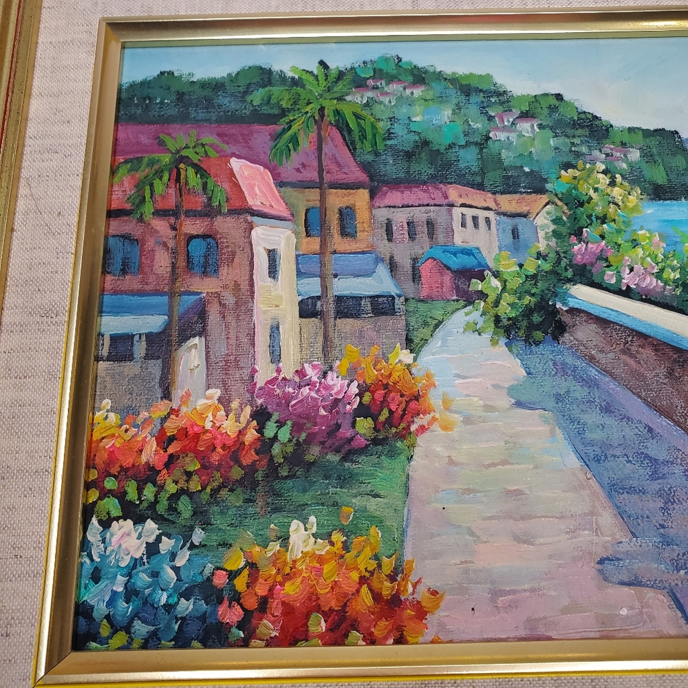 Original Acrylic Framed Art Painting James Cole Mediterranean Coastal Village - Picture 4 of 9